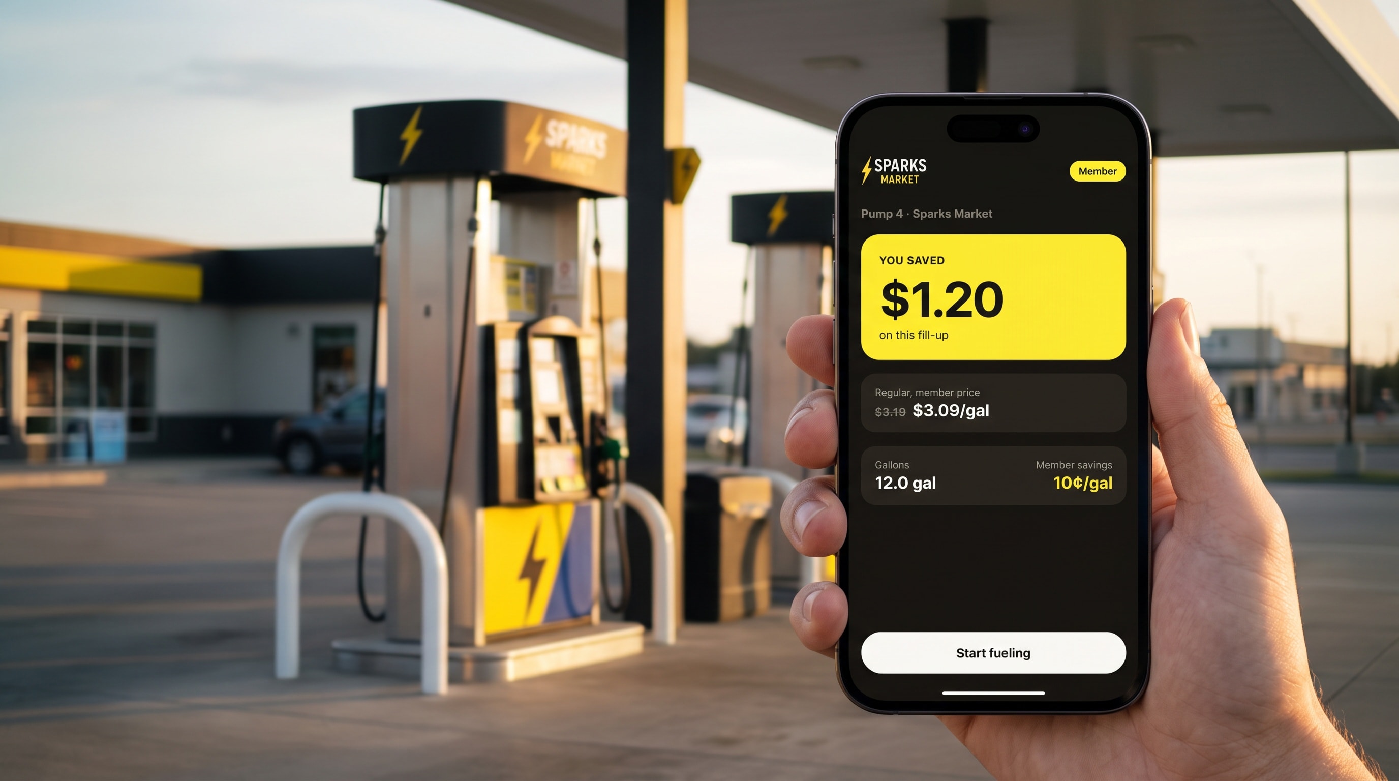 A hand holding a phone with the Sparks app open, showing a $1.20 gas savings, in front of the Sparks gas pumps