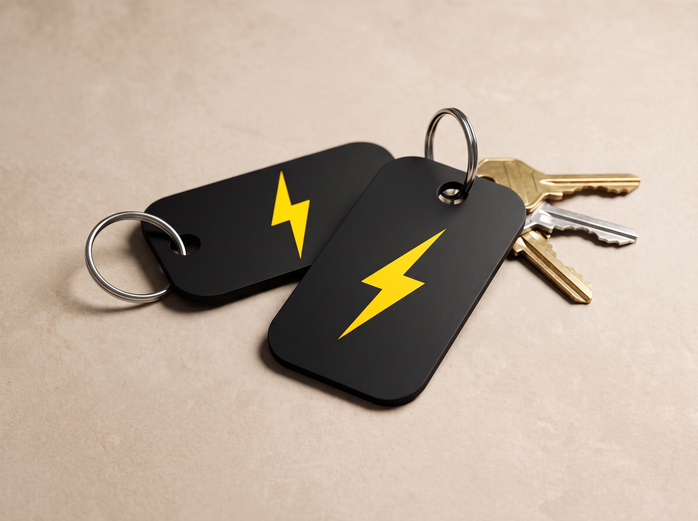 Two black Sparks Rewards key tags on key rings, each with a yellow lightning bolt