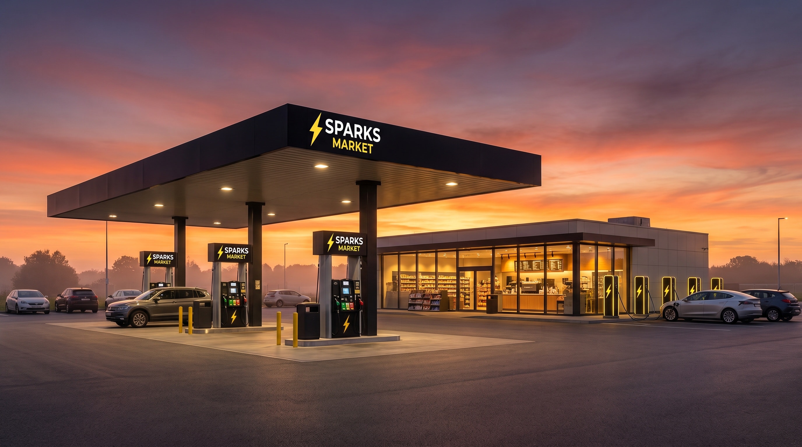 A Sparks Market station at dusk with a lit canopy, glowing store, and EV chargers